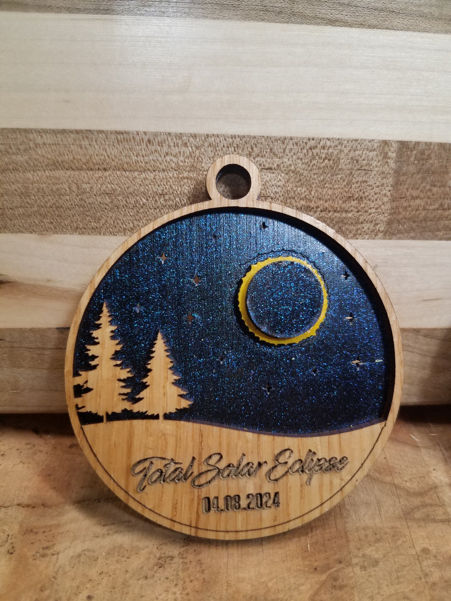 Solar Eclipse Laser Cut Ornament-Wood- City and Country