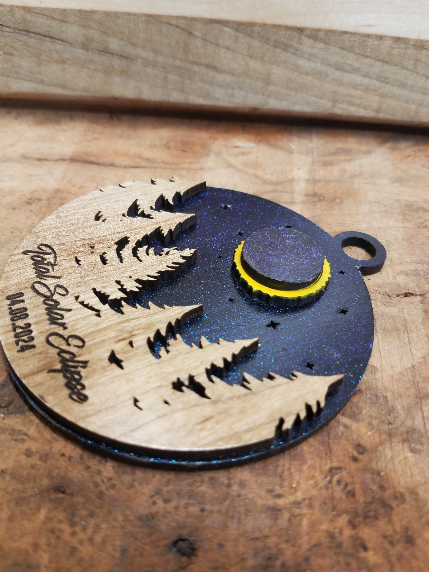 Solar Eclipse Laser Cut Ornament-Wood- City and Country