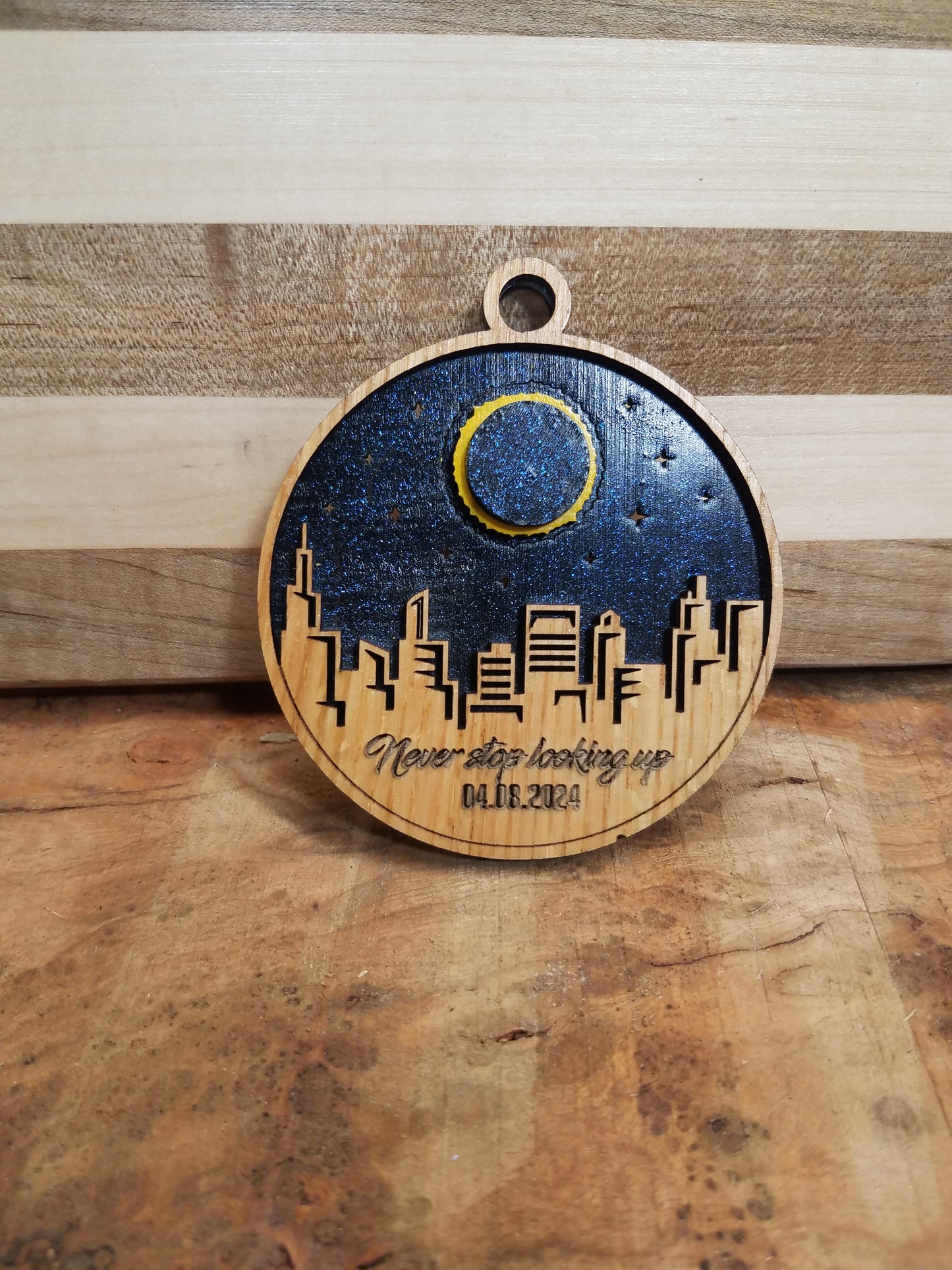 Solar Eclipse Laser Cut Ornament-Wood- City and Country