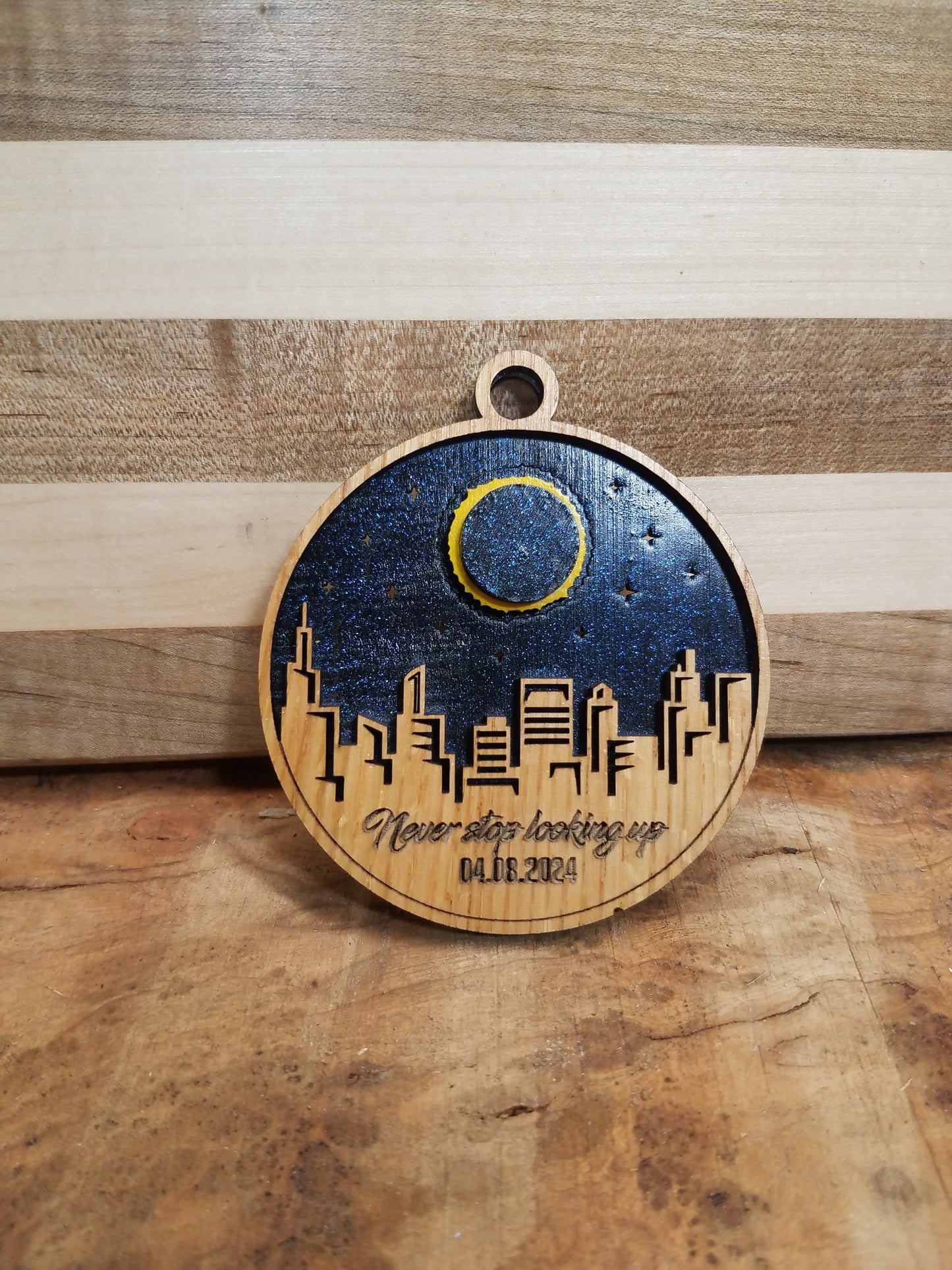 Solar Eclipse Laser Cut Ornament-Wood- City and Country