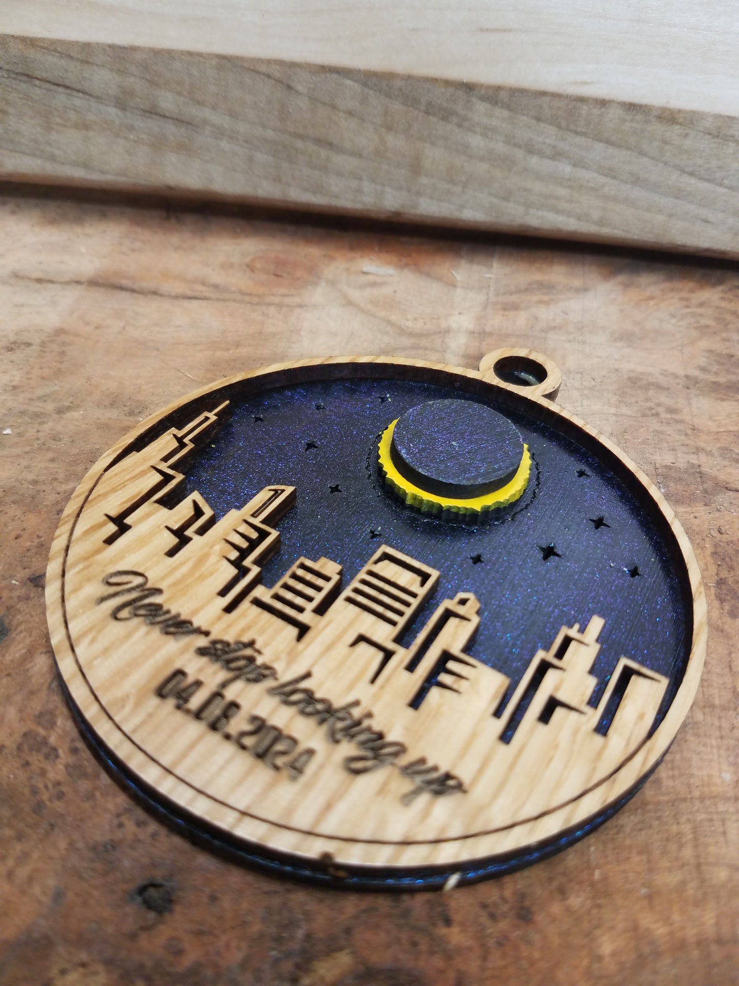 Solar Eclipse Laser Cut Ornament-Wood- City and Country