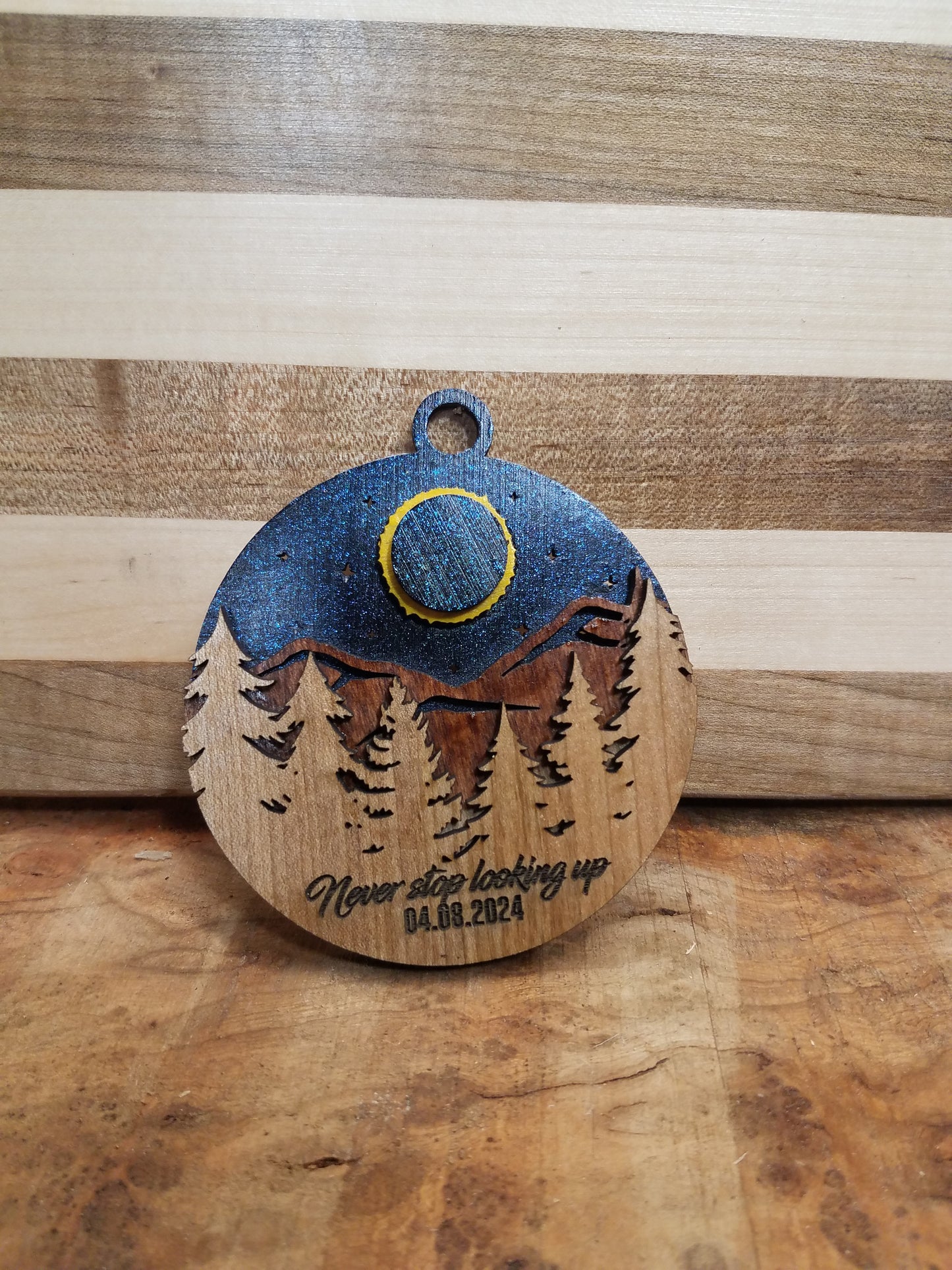 Solar Eclipse Laser Cut Ornament-Wood- City and Country