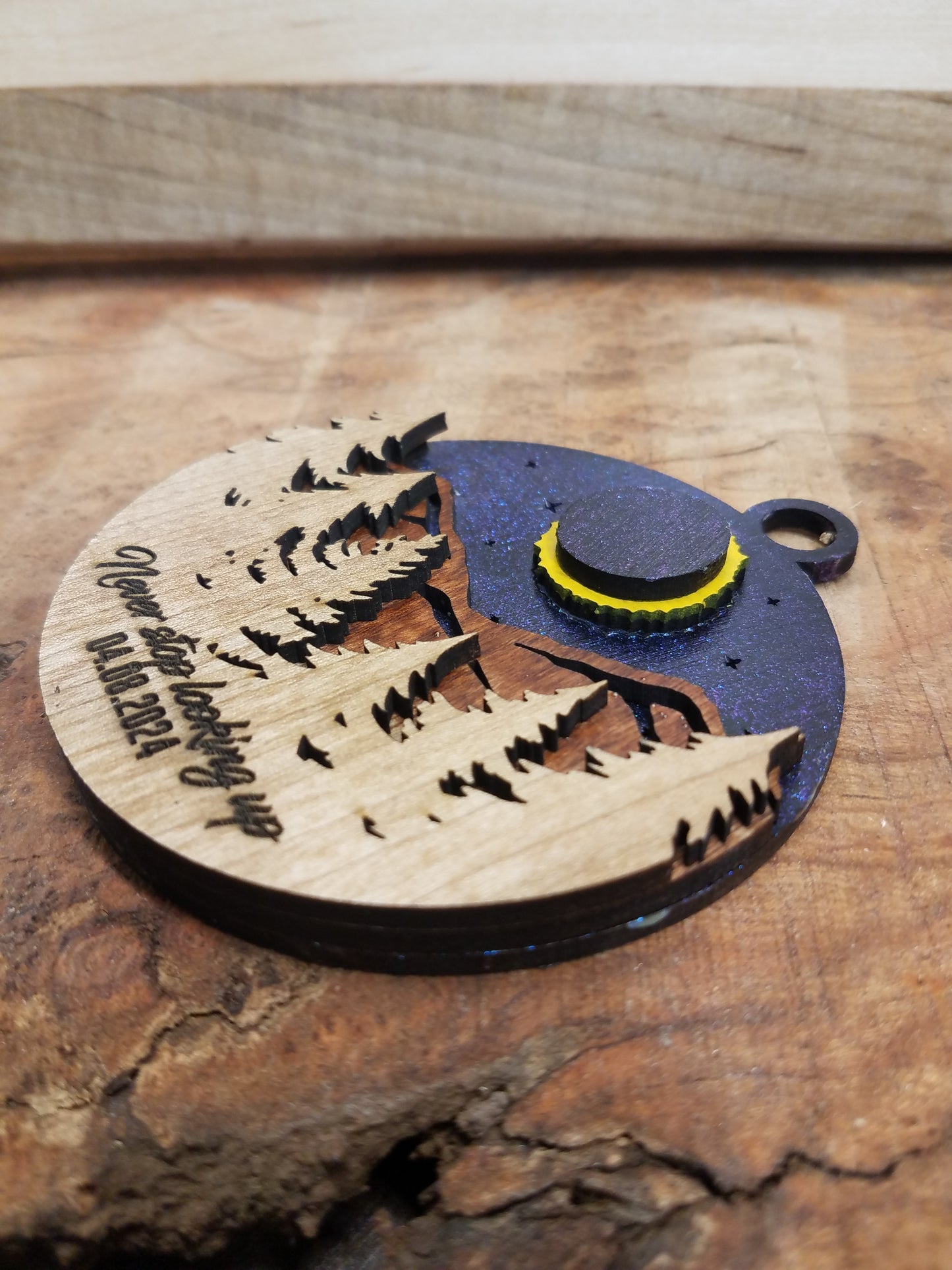 Solar Eclipse Laser Cut Ornament-Wood- City and Country