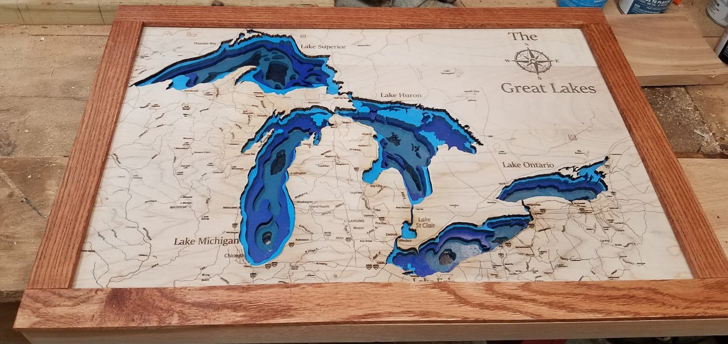 Great Lakes Layed Map-Laser Cut Hardwood.
