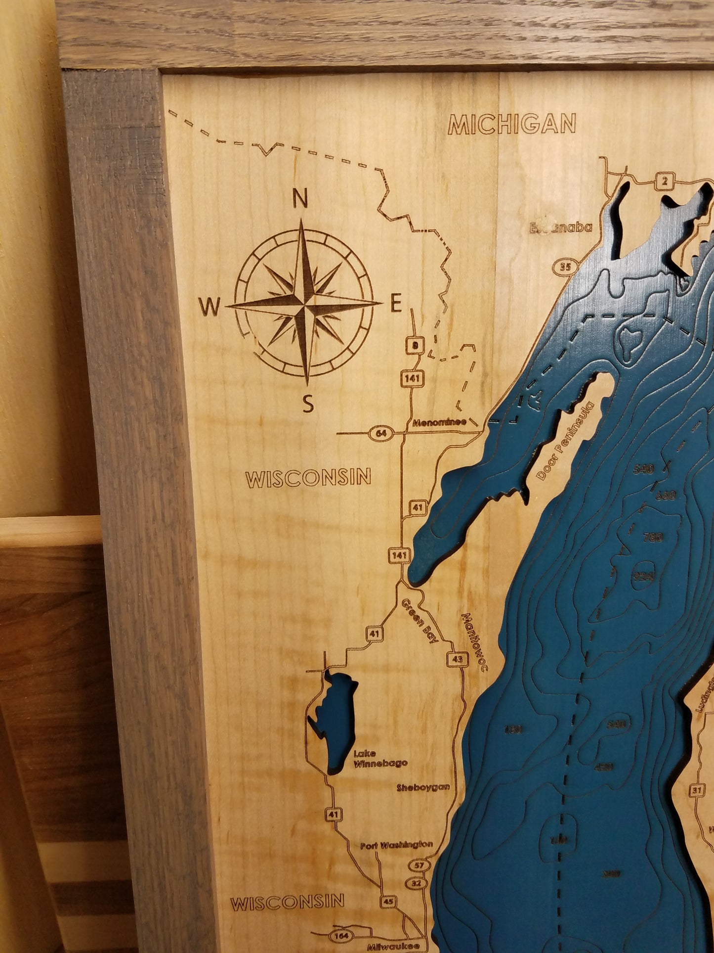 Lake Michigan Depth Map-Laser Cut Hardwood.
