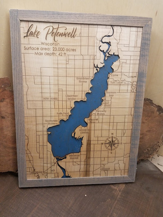 Custom Lake Depth Map One Layer or Multi Layered. -Laser Cut Laser Engraved.